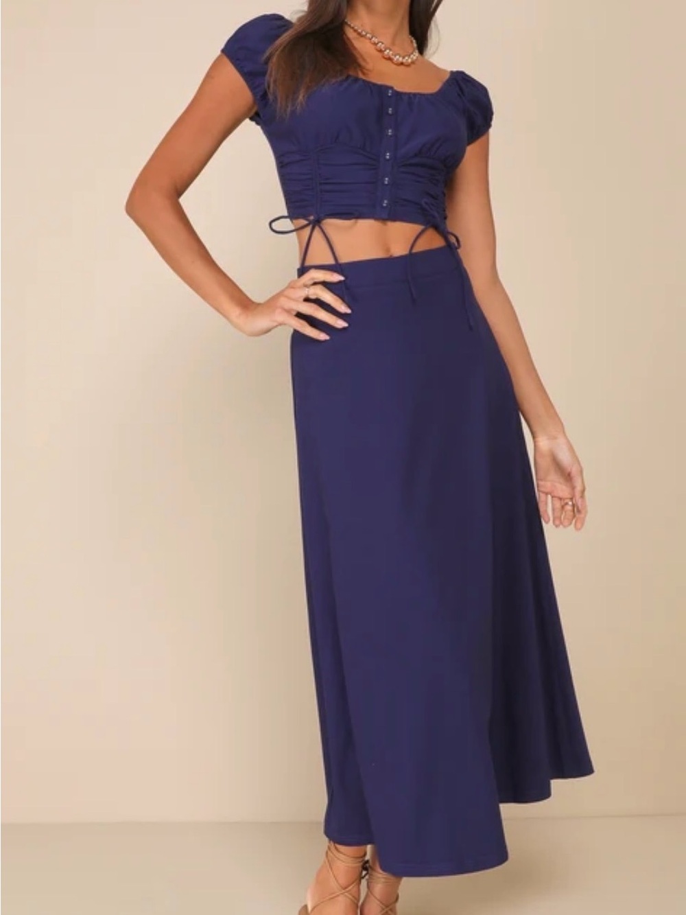 Lulu's Sincerely Posh Navy MidiSkirt & Cropped Navy Rouched Blouse Set
